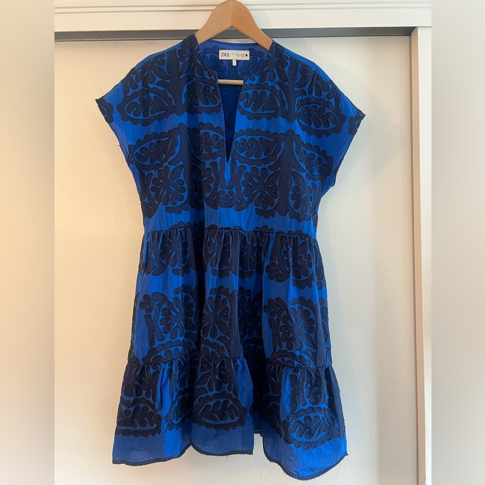 Zara Embroidered Split Neck Dress Boho Chic Festival Coquette Girl Oversized
